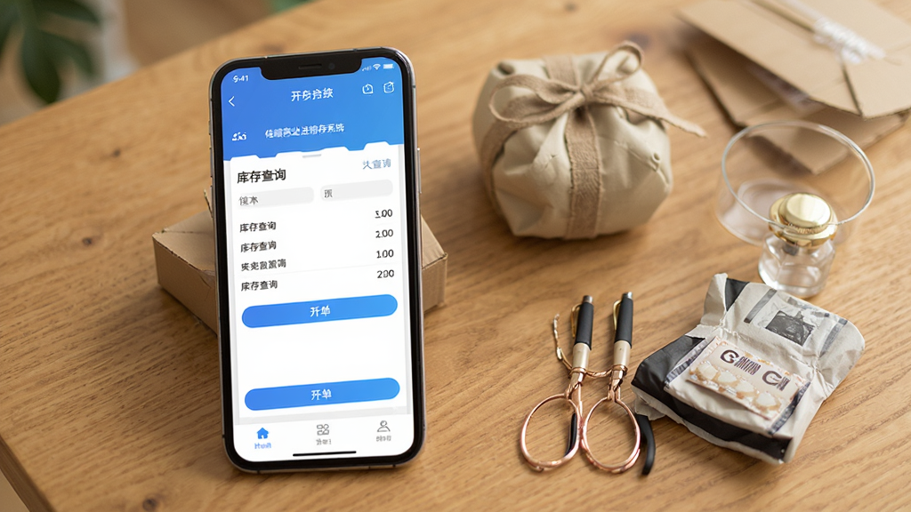 佳顺商业进销存系统手机端应用界面展示图,画面中展示手机屏幕上的开单界面与库存查询界面,手机旁边放置着货品样品,背景为木质桌面,风格生活化,画质干净,无多余元素