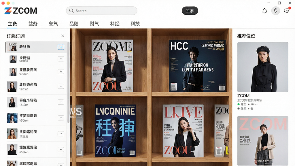 一张ZCOM杂志订阅器软件主界面截图,画面中央是木质纹理的书架背景,书架上整齐排列着时尚、财经、科技、生活类杂志封面,顶部有搜索栏和分类导航,左侧是订阅列表,右侧是推荐位,整体风格简洁明亮,细节包括杂志封面上的刊名文字清晰可见,画质干净无多余元素,适合软件下载站展示