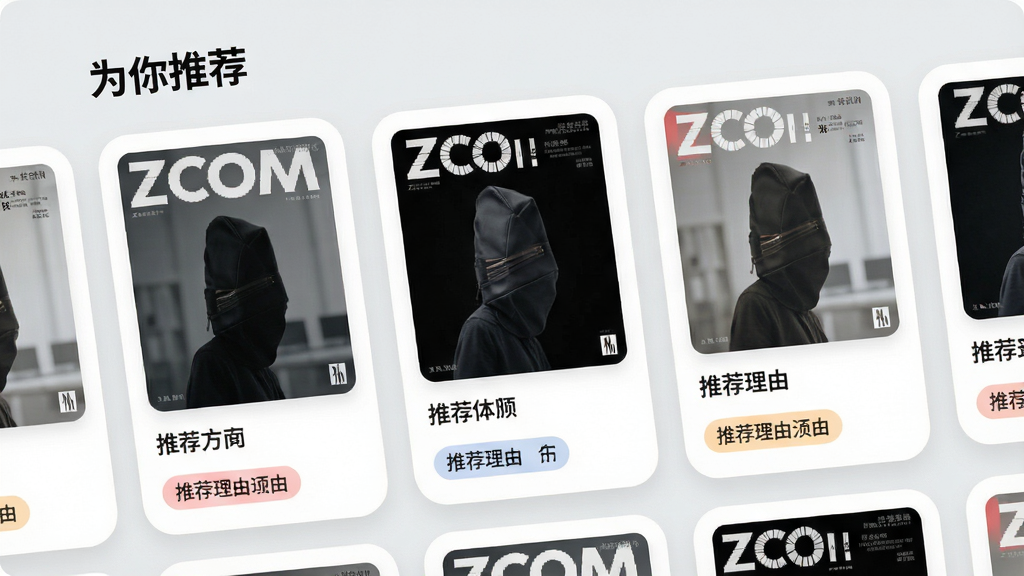 ZCOM杂志订阅器智能推荐页面,画面以卡片流形式展示推荐杂志,每张卡片包含封面、刊名和推荐理由标签,顶部有“为你推荐”字样,背景是浅灰色,布局错落有致,风格简约商务,细节包括卡片圆角和标签的柔和配色,画质干净无多余元素