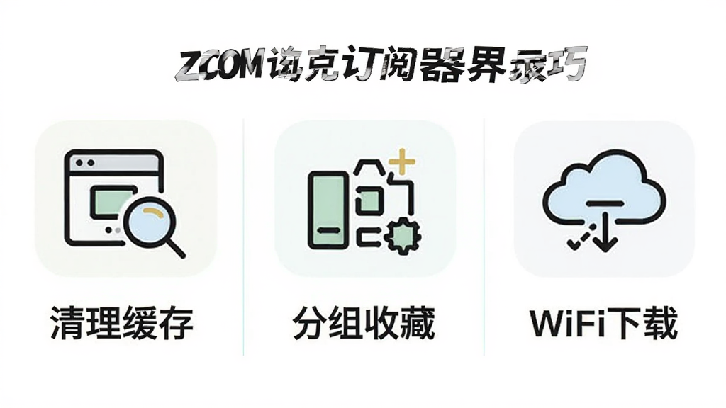 ZCOM杂志订阅器使用技巧示意图,画面以信息图形式展示清理缓存、分组收藏、WiFi下载三个要点,每个要点配简洁图标和短文字说明,背景为白色,布局三列并排,风格清新浅色,细节包括图标线条和文字标签的清晰呈现,画质干净无多余元素