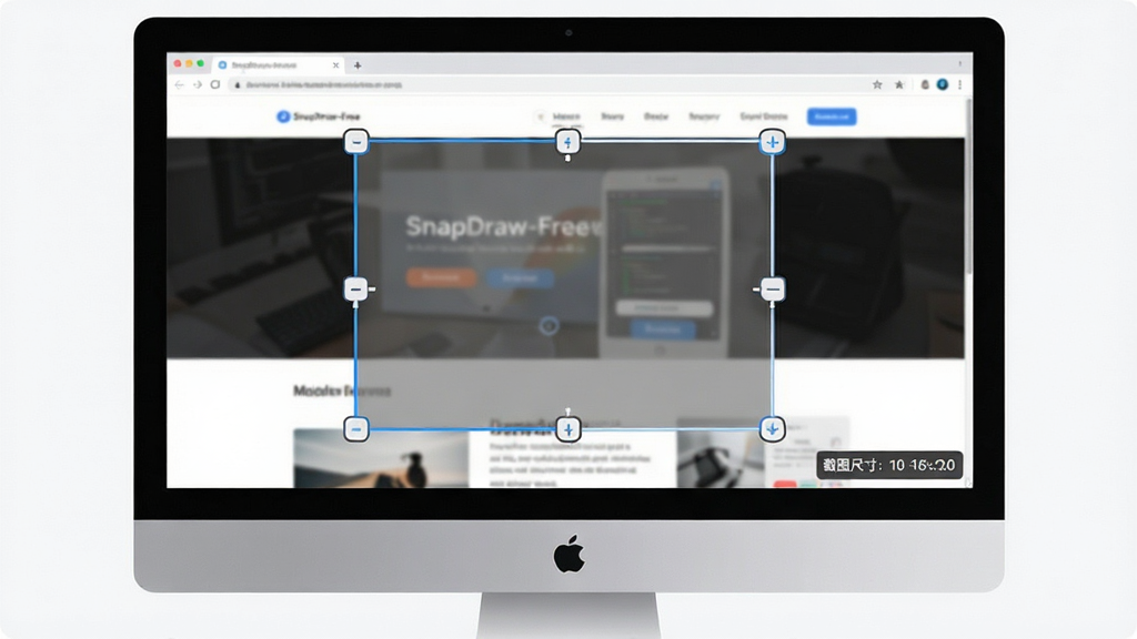 SnapDraw-Free 一键截图功能展示,主体是一台电脑显示器,屏幕上显示区域选择框正在框选网页内容,布局为居中构图,排版突出截图边框与半透明遮罩,风格为简约科技感,细节包括选择框四周的调整控制点、屏幕右下角显示截图尺寸提示,画质清晰、画面干净、无多余元素