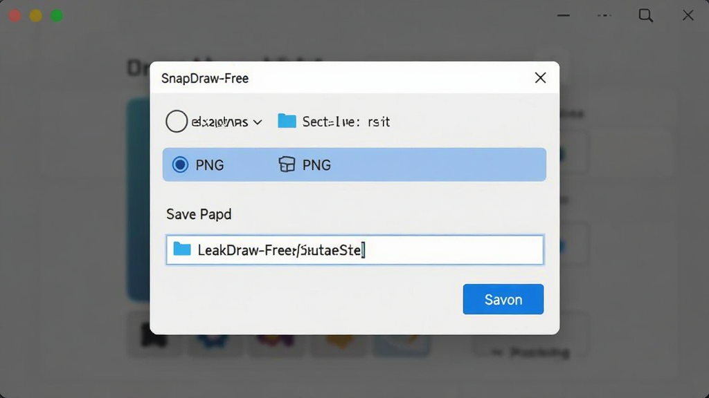 SnapDraw-Free 保存与分享界面,主体是软件保存对话框,对话框中显示文件格式选项和保存路径选择,布局为弹窗居中、选项纵向排列,风格为清爽浅色系,细节包括 PNG 格式被选中高亮、路径栏显示桌面文件夹、右下角保存按钮为蓝色,画质清晰、画面干净、无多余元素
