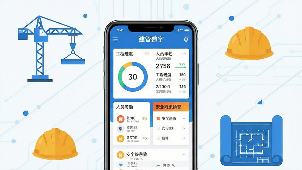 建管数字应用主界面展示,画面中央放置一部智能手机,手机屏幕上显示建管数字APP的首页仪表盘,包含工程进度环形图、人员考勤统计卡片、安全隐患预警列表等模块,布局清晰整洁,手机周围环绕建筑工地元素如塔吊、安全帽、施工图纸等图标装饰,整体采用蓝色科技风格,扁平化设计,画质高清,干净利落,无多余元素