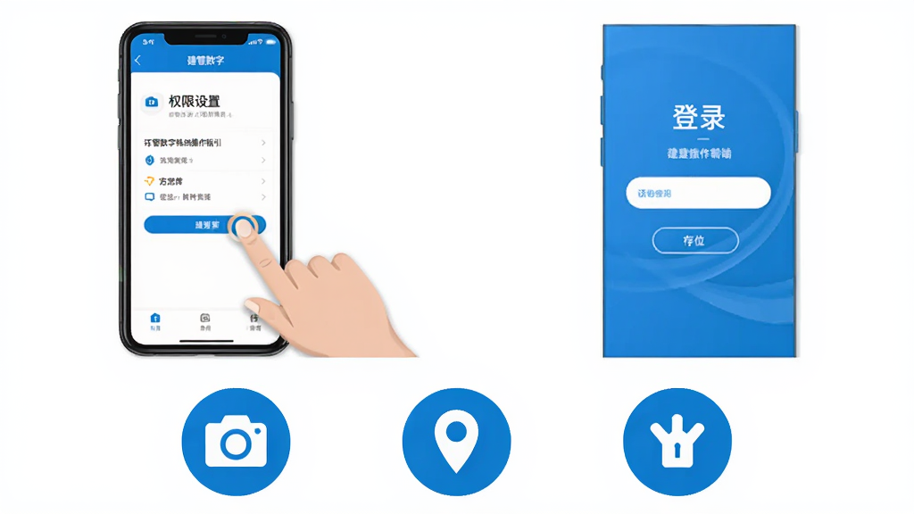 建管数字移动端操作指引图,画面展示一部手机屏幕显示建管数字APP的权限设置页面和登录界面,手机旁边有手指点击屏幕的示意图,画面下方排列相机、定位、存储三个权限图标,整体风格简洁明快,蓝白配色为主,画质清晰,布局干净,无多余元素