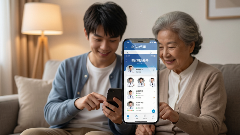 手机屏幕中显示北京挂号网-医院预约挂号应用界面,主体为一位年轻人和一位老年人并肩坐在沙发上查看手机,布局采用居中构图,手机屏幕清晰展示挂号科室列表与医生头像,排版简洁有序,风格为温馨现代科技风,细节包括柔和室内灯光、手机边框反光、应用界面中文字清晰可见,画质高清,干净,无多余元素