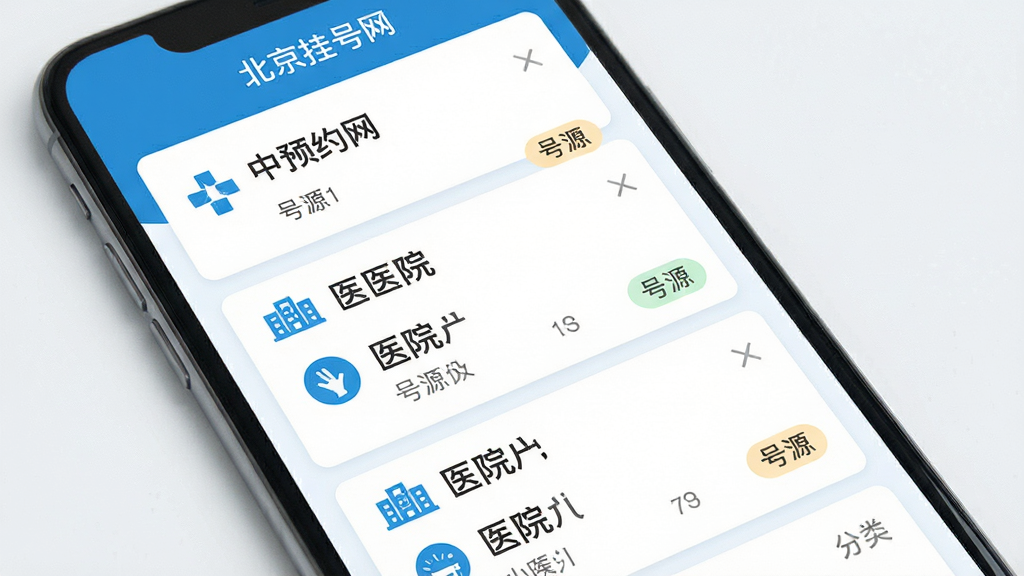 北京挂号网-医院预约挂号应用界面展示医院列表与科室分类,主体为手机屏幕特写,布局为纵向列表排列,排版采用卡片式设计,风格为清新医疗蓝白配色,细节包括医院名称文字、科室图标、号源状态标签,画质高清,干净,无多余元素