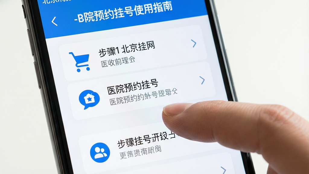 手机屏幕展示北京挂号网-医院预约挂号使用指南界面,主体为手机与手指点击操作,布局为居中特写,排版采用步骤编号与图标结合,风格为明亮简洁风,细节包括步骤文字、箭头指示、手机界面元素,画质高清,干净,无多余元素