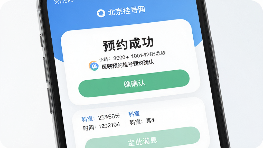 北京挂号网-医院预约挂号预约确认页面,主体为手机屏幕显示预约成功提示与就诊信息,布局为上下结构,排版采用信息卡片与按钮组合,风格为柔和圆角现代风,细节包括医生姓名、就诊时间、科室名称文字、绿色确认按钮,画质高清,干净,无多余元素
