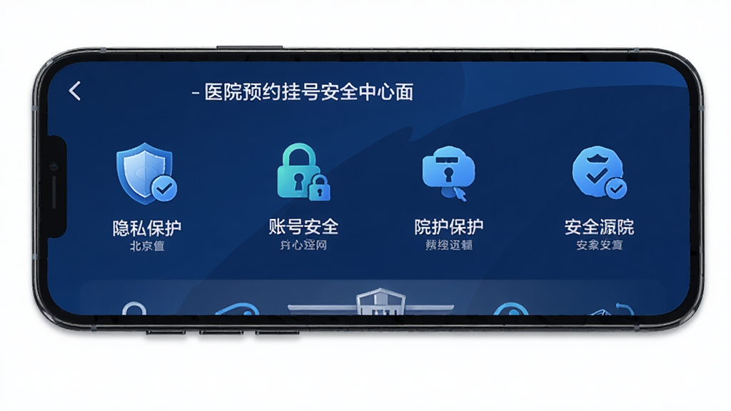 北京挂号网-医院预约挂号安全中心界面,主体为手机屏幕显示隐私保护与账号安全设置,布局为图标与文字说明组合,排版整齐有序,风格为科技感深蓝配色,细节包括盾牌图标、加密标识、安全文字说明,画质高清,干净,无多余元素