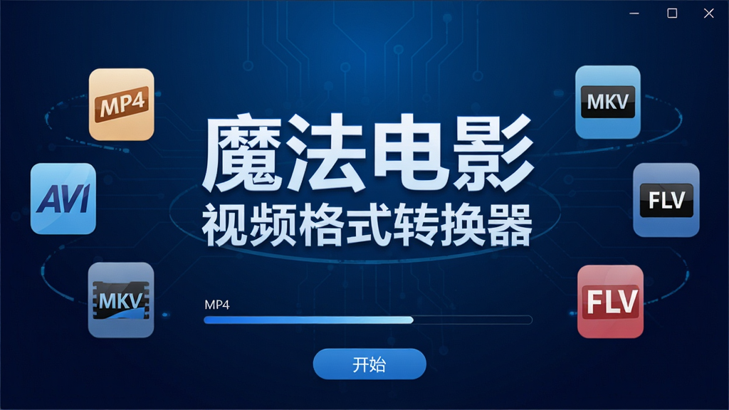 软件主界面全景展示,中央是醒目的魔法电影视频格式转换器软件标题,背景为深蓝色科技感渐变,前景悬浮着多个视频格式图标如MP4、AVI、MKV、FLV环绕排列,下方是简洁的转换进度条和开始按钮,整体风格现代简约,画质清晰,干净无多余元素,适合软件官网宣传图。
