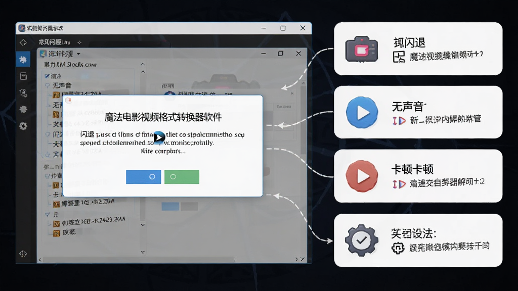 魔法电影视频格式转换器软件的错误提示弹窗与解决方案示意图,画面中显示软件界面和常见问题列表,如闪退、无声音、卡顿等,旁边有对应的解决步骤图标,风格简洁明了,画质清晰。