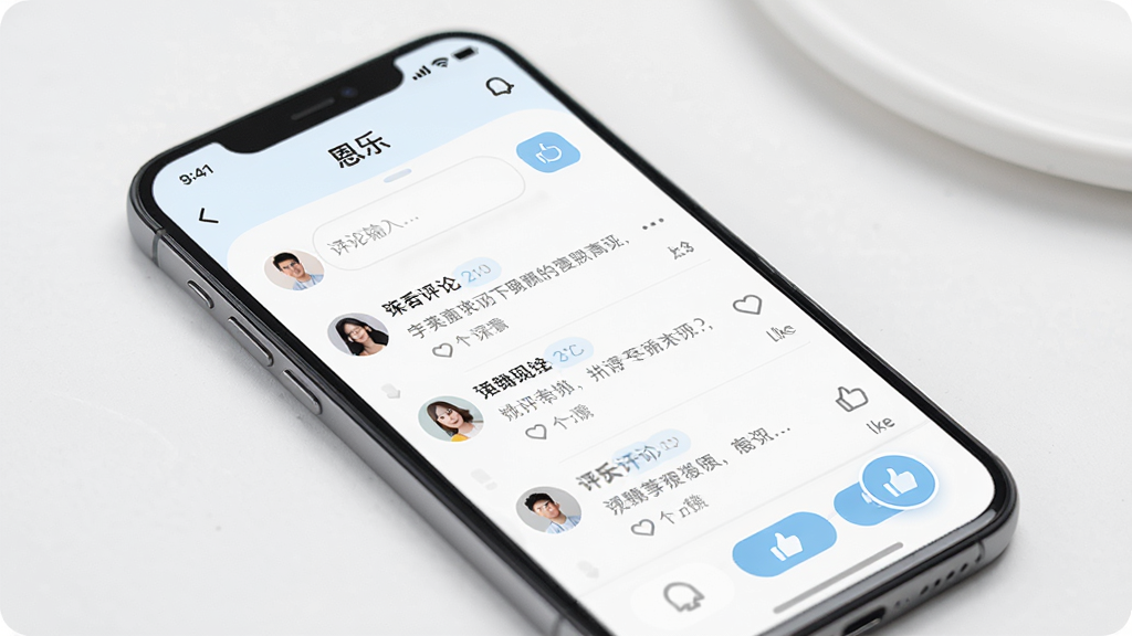 一个社区互动界面的UI设计,主体为手机屏幕中的