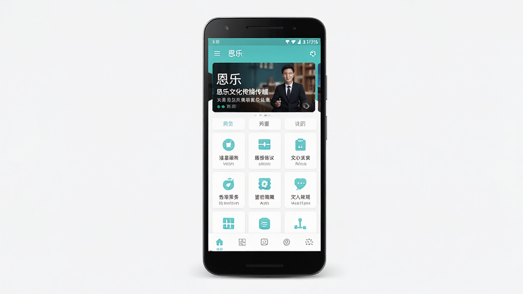 一个简洁现代的移动应用界面展示,主体为一部安卓手机,屏幕中显示名为