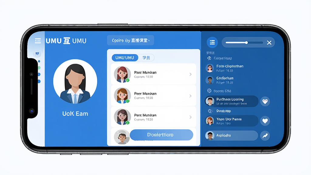 UMU互动 直播课堂界面 讲师头像 学员列表 互动聊天区 手机横屏 教育培训风格 蓝白配色 扁平化设计 干净整洁 高清画质