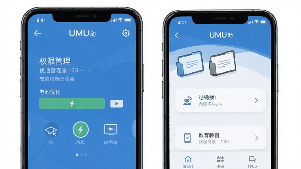 UMU互动 手机设置界面 权限管理 电池优化 白名单 教育培训场景 蓝白配色 扁平化设计 干净简洁 高清画质