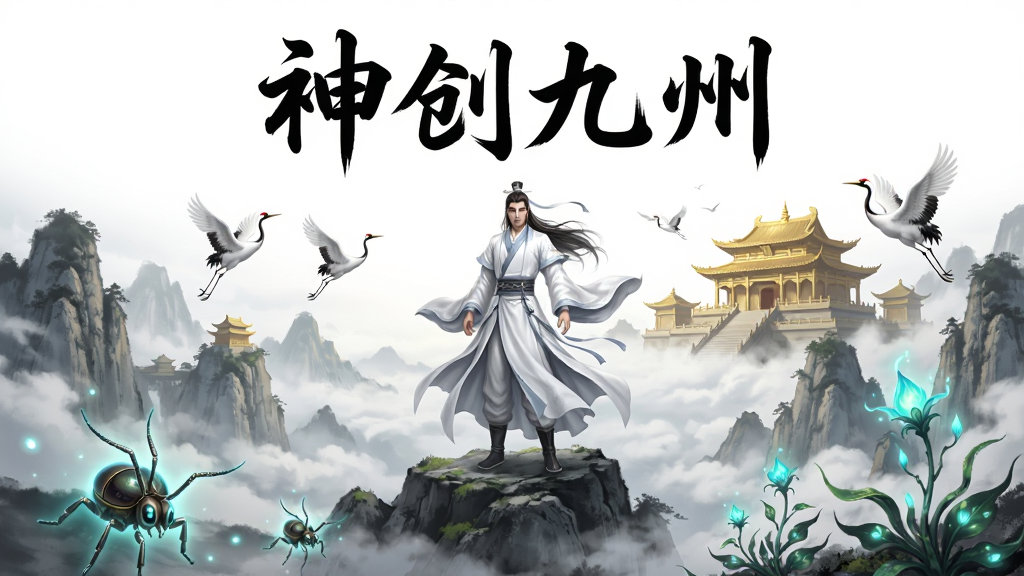 一幅国风仙侠风格的游戏宣传图,画面主体是一位身穿飘逸白袍的修仙者站在云雾缭绕的群山之巅,远处有金色宫殿与飞行仙鹤,近处有发光的蛊虫与灵草,整体布局采用中心构图,上方留白处写有“神创九州”四个大字,风格为水墨与CG结合,细节丰富,画质高清,干净无多余元素