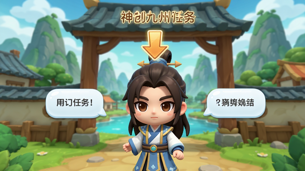 一幅展示神创九州新手引导界面的图片,画面中一位Q版修仙者站在新手村入口,头顶有任务箭头,周围有操作提示气泡,背景是青山绿水,风格为清新卡通,细节清晰,画质干净,无多余元素