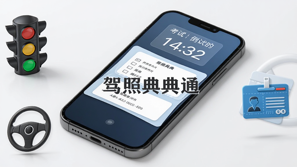 一部手机平放在桌面,屏幕显示模拟考试倒计时与答题卡,周围环绕交通信号灯、方向盘、驾驶证图标,背景为干净的浅灰色,画面中央有“驾照典典通”字样,风格简洁商务,高清画质,无杂乱元素