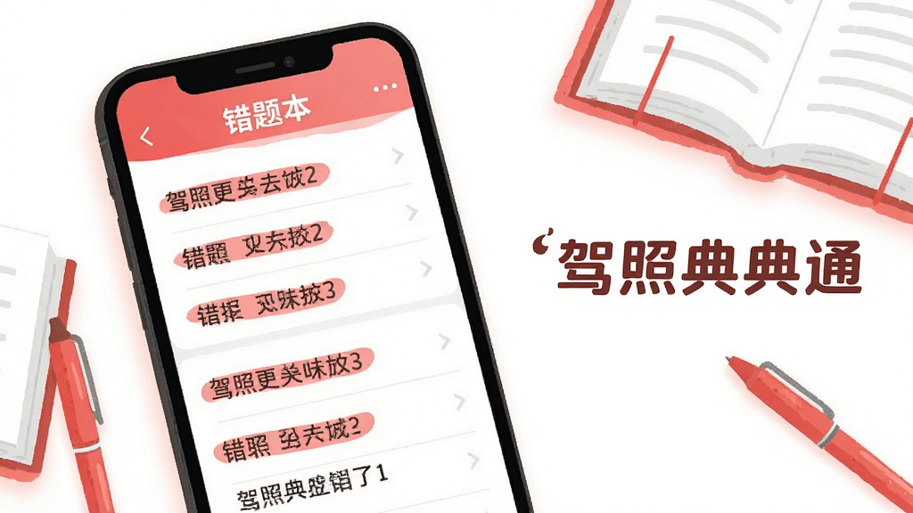 手机屏幕显示错题本界面,红色标记的错题列表整齐排列,旁边有“驾照典典通”文字标识,背景为白色与浅红色搭配,画面中有书本和红笔元素点缀,扁平插画风格,布局紧凑,高清画质,干净整洁