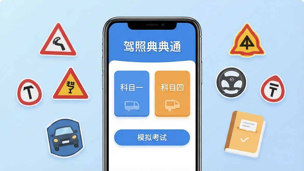 画面中央展示一部智能手机,屏幕内呈现驾考刷题界面,顶部有“驾照典典通”文字标题,下方排列科目一、科目四题库卡片与模拟考试按钮,周围漂浮交通标志图标与错题本元素,背景为浅蓝色渐变,整体采用扁平化UI风格,布局清晰对称,细节精致,高清画质,干净无多余元素