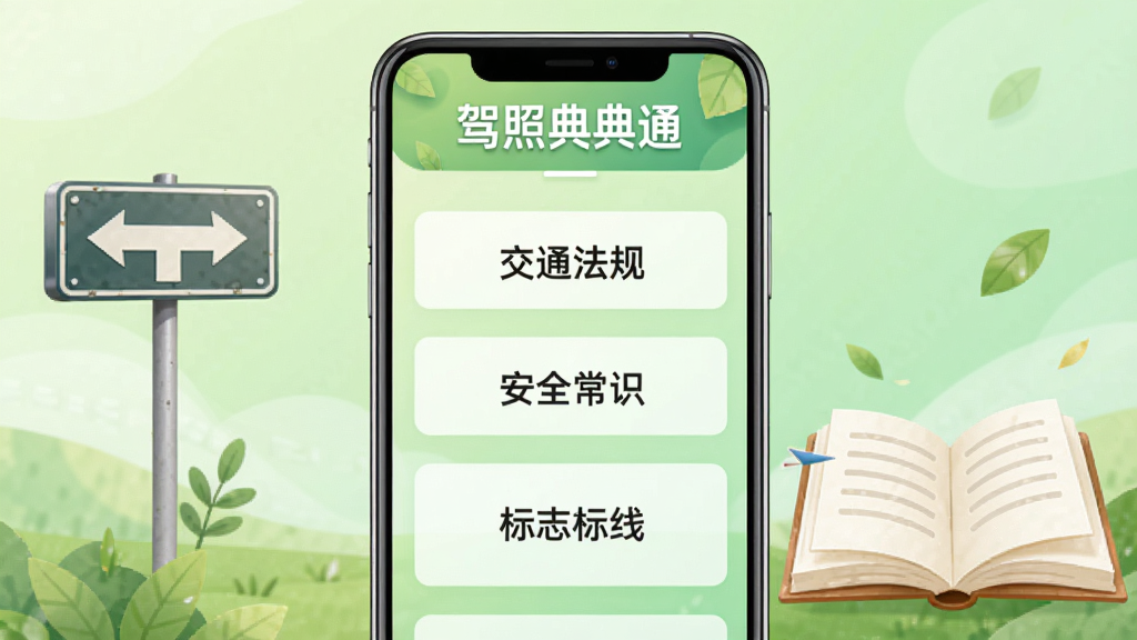 手机竖屏展示章节练习目录,包含“交通法规”“安全常识”“标志标线”等分类条目,顶部有“驾照典典通”标题,背景为淡绿色渐变,画面中有路标和书本插画,风格清新自然,排版规整,高清画质,无多余装饰