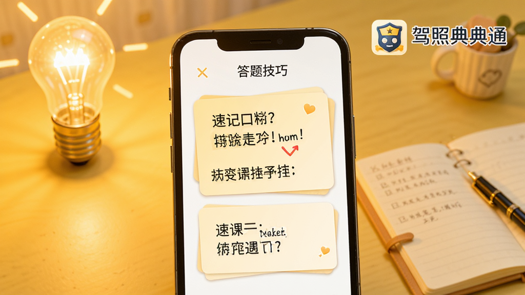 手机屏幕显示答题技巧页面,文字卡片上写有速记口诀,旁边有“驾照典典通”标识,背景为暖黄色,画面中有灯泡和笔记本元素,风格温馨学习风,布局清晰,高清画质,干净无多余元素