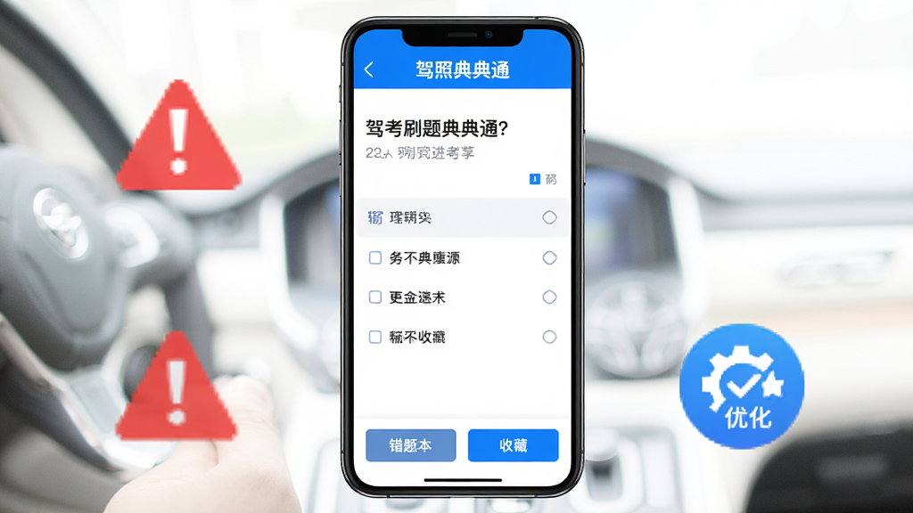 手机屏幕显示驾考刷题界面,顶部有“驾照典典通”文字,中间是题目与选项,底部有错题本和收藏按钮,旁边有红色警示标志和蓝色优化图标,背景为白色,布局清晰,风格简洁实用,高清画质,无多余元素