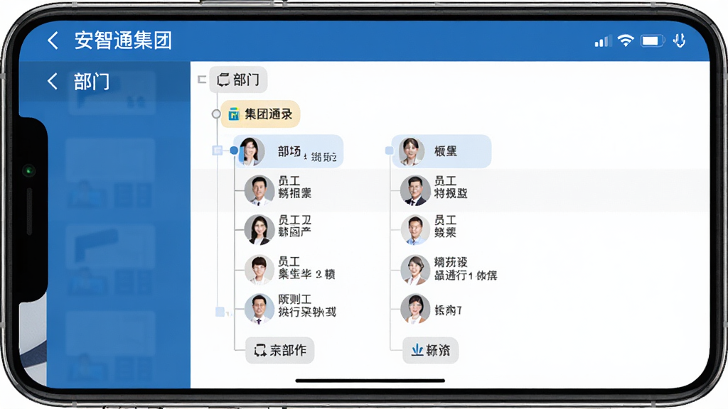 安智通集团版集团通讯录功能界面截图,手机屏幕展示树状组织架构列表,包含部门分类与员工头像,界面以蓝色为主色调,布局清晰有层次,风格专业商务,画质高清干净无多余元素