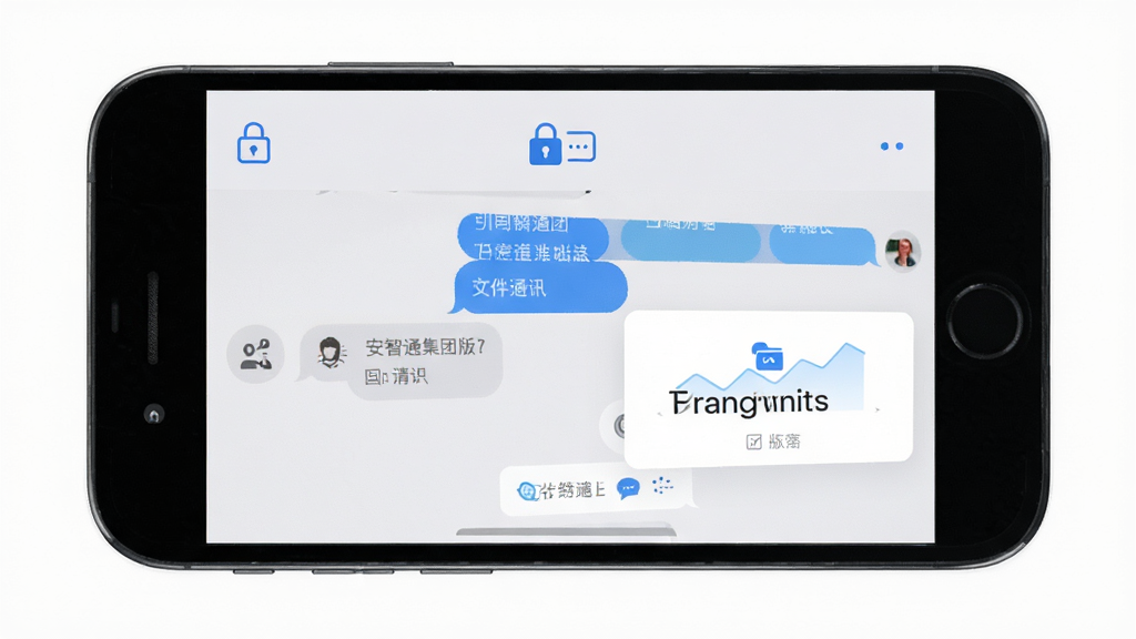 安智通集团版即时通讯聊天界面,手机屏幕显示对话气泡与文件传输卡片,界面顶部有加密锁图标,背景为浅灰色,风格简洁安全,画质高清干净无多余元素