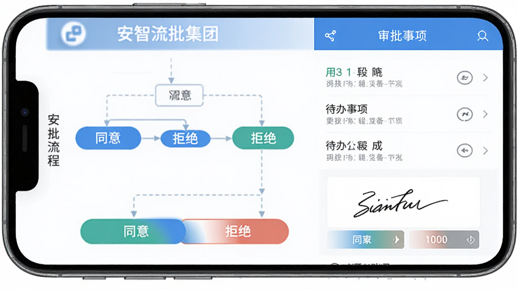 安智通集团版智能审批功能界面,手机屏幕展示审批流程图与待办事项列表,包含同意拒绝按钮与手写签名区域,界面以白色和蓝色为主,风格高效专业,画质高清干净无多余元素