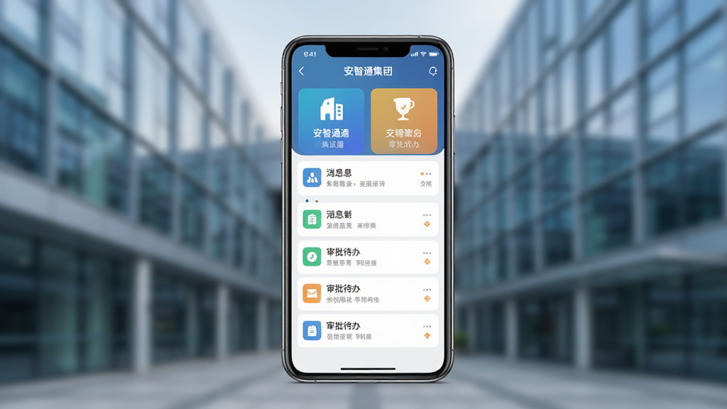 安智通集团版软件主界面预览图,画面中央展示一部智能手机,手机屏幕上显示安智通集团版应用界面,包含集团通讯录、消息列表、审批待办等模块图标,背景为现代企业办公楼虚化场景,主体清晰突出,布局居中对称,风格商务简约,细节精致,画质高清干净无多余元素