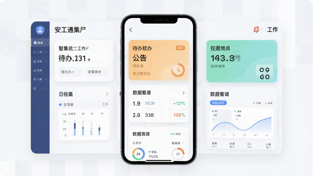 安智通集团版统一工作门户界面,手机屏幕展示卡片式工作台,包含待办、公告、日程、数据看板等模块,界面色彩柔和,风格现代简约,画质高清干净无多余元素