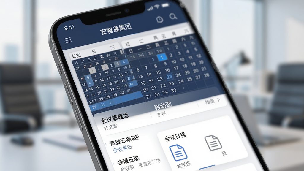 安智通集团版移动公文与会议管理界面,手机屏幕展示公文列表与会议日程卡片,包含日历视图和文档图标,界面布局规整,风格商务沉稳,画质高清干净无多余元素