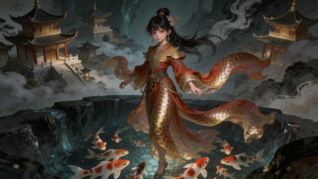 画面中央是一位身着红金色鳞纹长裙的东方奇幻少女,立于幽暗深渊边缘,脚下是泛着微光的彩鲤群,背景为层叠的古典楼阁与翻涌的暗色云海,整体采用厚涂国风插画风格,细节强调鳞片反光与衣料褶皱,画质高清干净,画面中不出现任何文字,无多余元素