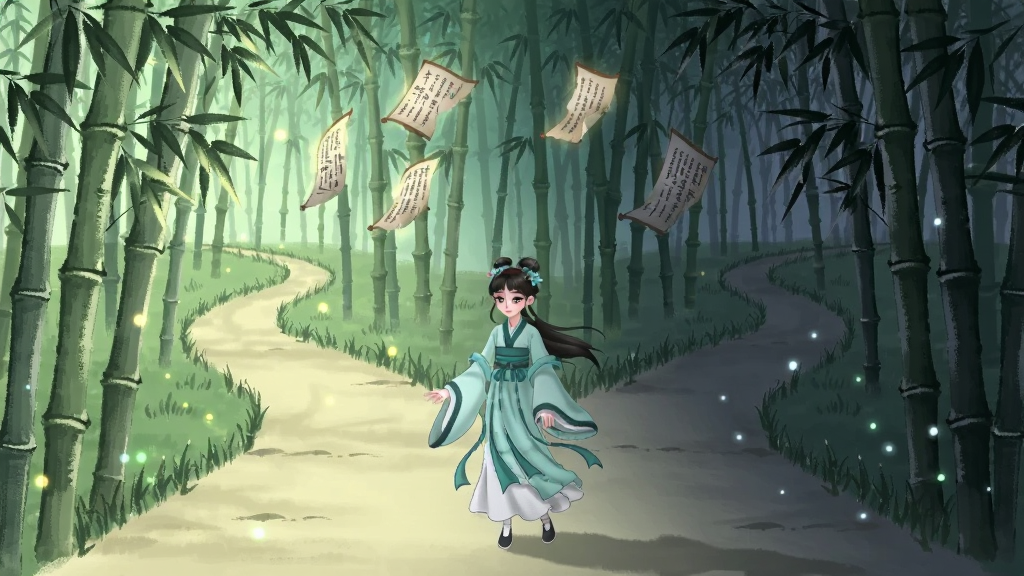 一位古风少女站在分岔的竹林小径前,左右两侧分别延伸出光明与幽暗两条道路,空中漂浮着发光的文字残页,画面采用柔和的青绿色调,国风手绘风格,细节刻画竹叶与光斑,画质清晰干净,无多余元素