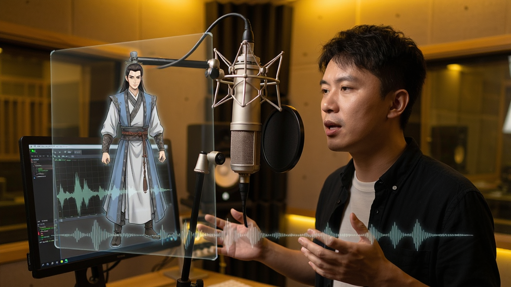 录音棚内专业配音演员正在为古风角色配音,面前悬浮着半透明的角色立绘与声波图谱,背景为暖黄色灯光与隔音墙,写实风格,细节表现麦克风质感与屏幕光效,画质干净清晰,无多余元素