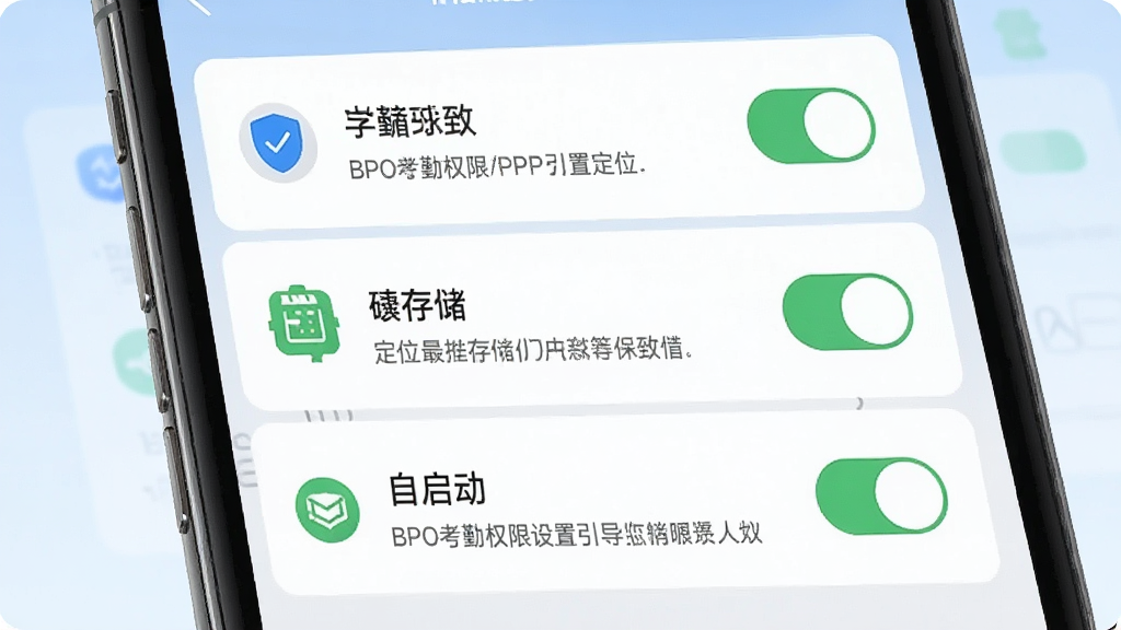 BPO考勤权限设置引导界面,手机屏幕显示定位、存储、自启动三项权限开关,背景为浅蓝色渐变,布局采用垂直列表排列,风格为移动端设置页写实风格,细节包含权限图标、开关按钮、说明文字,画质清晰,干净,无多余元素