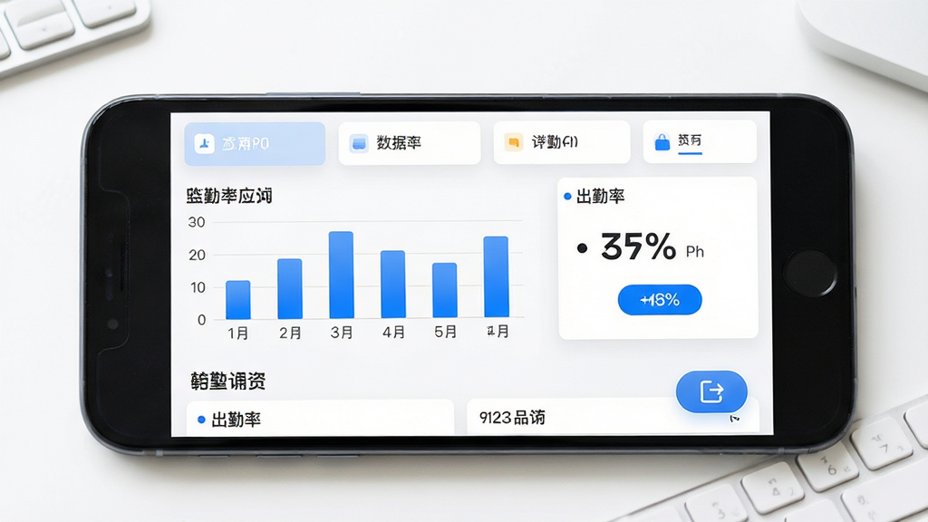 BPO考勤数据统计报表界面,手机屏幕显示柱状图与出勤率百分比,背景为干净白色桌面,布局采用顶部汇总卡片加底部列表详情,风格为数据可视化轻设计,细节包含蓝色柱状条、百分比数字、导出按钮图标,画质高清,干净,无多余元素