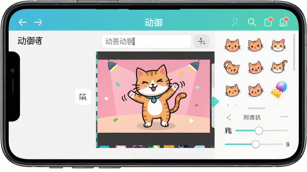 一张展示动御动图编辑界面的图片,手机屏幕中显示一段动图正在被编辑,画面中有文字输入框、贴纸选择面板和滤镜调节滑块,动图内容为一只卡通猫在跳舞,界面按钮排列整齐,配色清新明快,顶部有“动御”应用名称,整体风格活泼有趣,画质清晰干净