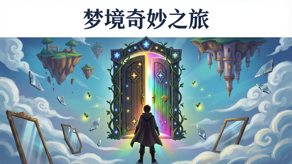 一张精美的游戏主视觉图,画面中央悬浮着一扇由星光与藤蔓缠绕的古老门扉,门缝中透出七彩光芒,门外是漂浮的岛屿和倒悬的城堡,一位身穿斗篷的旅人背影站在门前,整体布局采用中心对称构图,上方留白用于放置游戏标题文字“梦境奇妙之旅”,风格为唯美奇幻手绘插画,细节包含飘浮的萤火虫、破碎的镜面碎片和流动的云纹,画质高清,干净,无多余元素