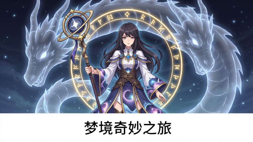 一张角色展示图,画面中央站立着一位手持星辰法杖的女性角色,身后浮现半透明的巨龙虚影,角色周身环绕着觉醒符文光环,布局为角色居中、虚影环绕,风格为日系奇幻角色立绘,细节包含法杖顶端的旋转星轨和衣摆上的梦境纹样,画面下方留白用于放置文字“梦境奇妙之旅”,画质高清,干净,无多余元素