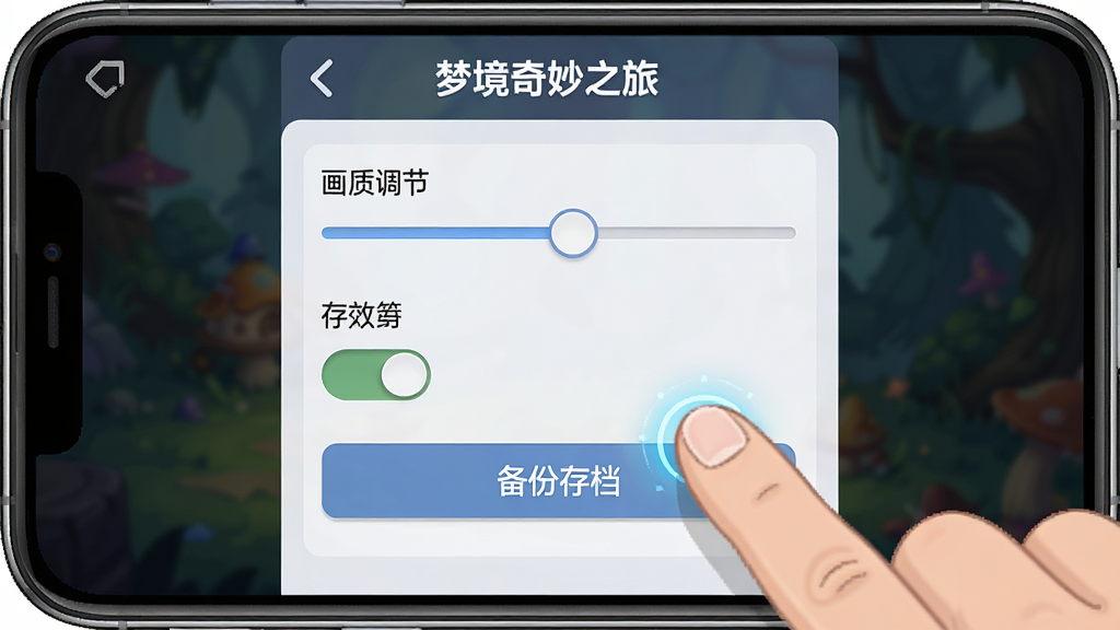 一张游戏设置菜单界面示意图,画面展示手机屏幕中打开着梦境奇妙之旅的设置面板,面板上清晰显示着画质调节滑块、音效开关和存档备份按钮,一只手指正点击“备份存档”选项,布局为手机界面特写,风格为简洁UI说明图,细节包含设置项的文字标签和手指点击的高亮效果,画质高清,干净,无多余元素