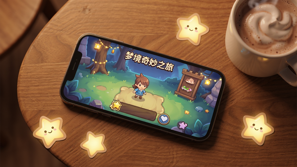 一张游戏界面示意图,画面展示一部手机平放在木质桌面上,屏幕中显示着梦境奇妙之旅的游戏画面,手机周围散落着星星形状的发光贴纸和一杯热可可,布局为俯视桌面视角,风格为温馨生活化摄影感插画,细节包含手机屏幕中的游戏角色和柔和的室内暖光,画质高清,干净,无多余元素