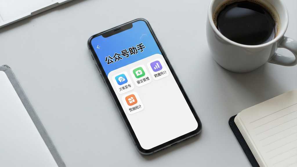 一张展示手机屏幕的图片,屏幕中打开公众号助手应用首页,界面顶部显示“公众号助手”文字,下方排列文章发布、留言管理、数据统计等功能图标,背景为浅灰色桌面,手机旁放着一杯咖啡和一本笔记本,整体风格简洁现代,画质清晰,干净无多余元素