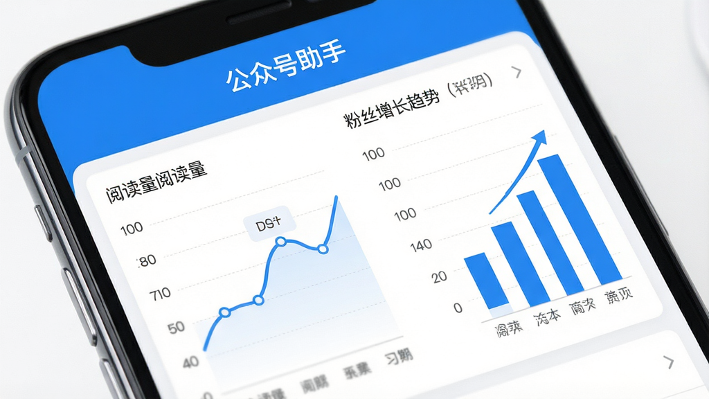 手机屏幕显示公众号助手的数据统计页面,顶部有“公众号助手”字样,页面中有折线图和柱状图展示阅读量与粉丝增长趋势,配色为蓝白相间,风格专业简洁,画质高清干净