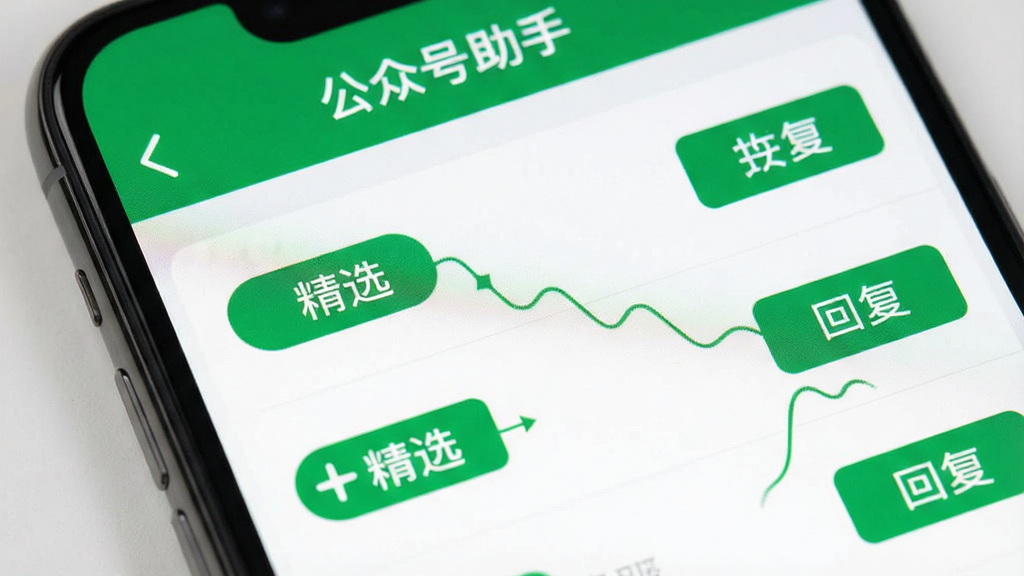 手机屏幕特写,展示公众号助手的留言管理页面,顶部标注“公众号助手”,列表中每条留言旁有“精选”“回复”操作按钮,界面配色以白色和绿色为主,风格清爽干净,画质细腻无多余元素