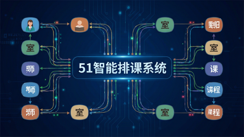 一幅展示51智能排课系统自动排课过程的图片,画面中呈现算法运算的可视化效果,多条彩色线条连接教师、教室与课程节点,背景为深蓝色科技风格,中央有