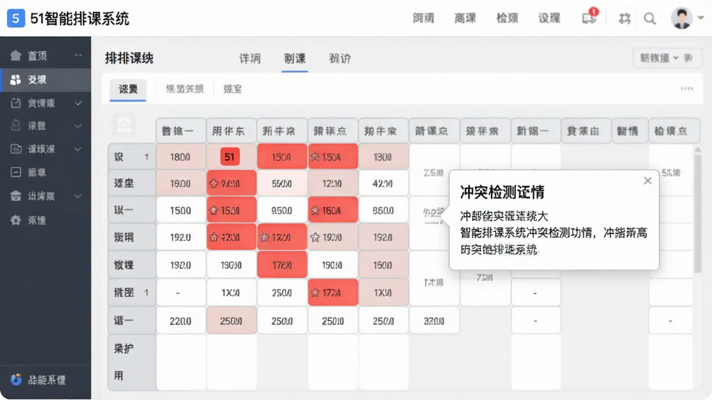 一幅展示51智能排课系统冲突检测功能的图片,画面中课表部分单元格被红色高亮标记,旁边弹出提示框显示冲突详情,整体为浅色办公界面风格,界面上有
