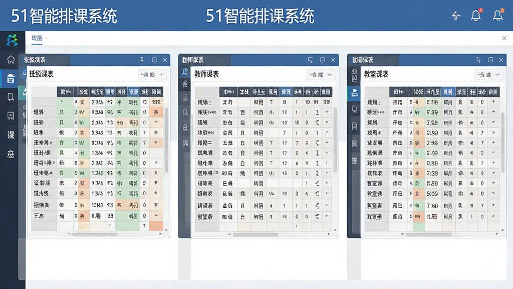 一幅展示51智能排课系统多维度课表查看界面的图片,画面中同时呈现班级课表、教师课表和教室课表三个面板,每个面板中表格排列整齐,界面风格简洁商务,顶部有