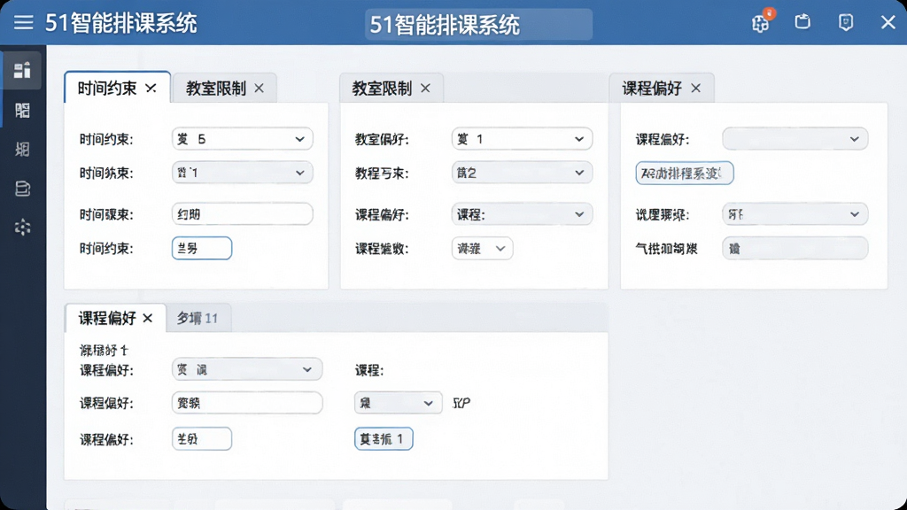 一幅展示51智能排课系统规则配置界面的图片,画面中呈现多个设置选项面板,包括时间约束、教室限制、课程偏好等选项卡,界面风格为现代办公软件样式,顶部有